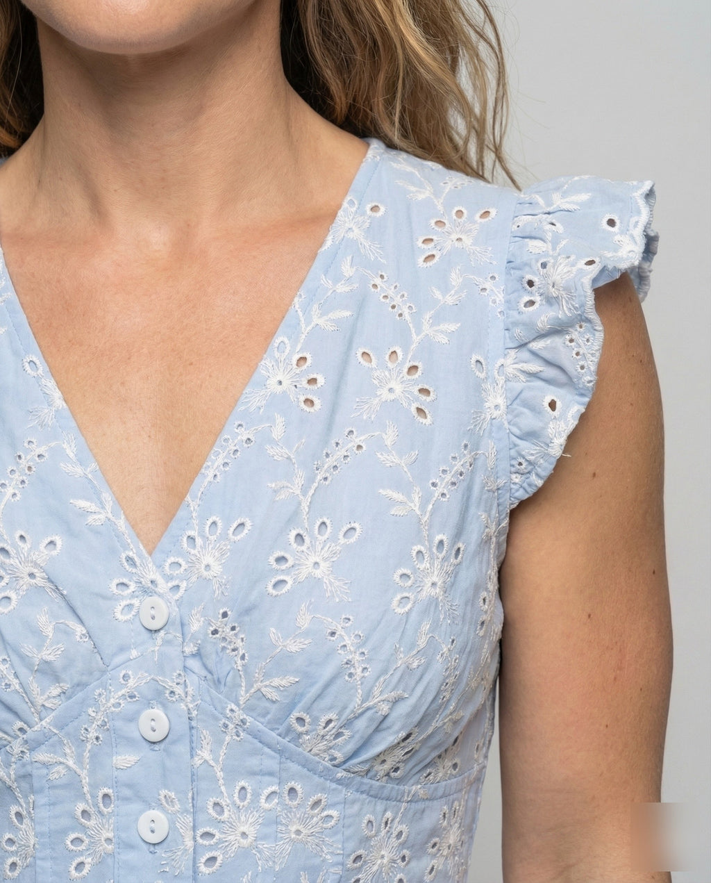 Women's Eyelet Embroidery Maxi Dress with Ruffle Skirt - Close-Up Detail