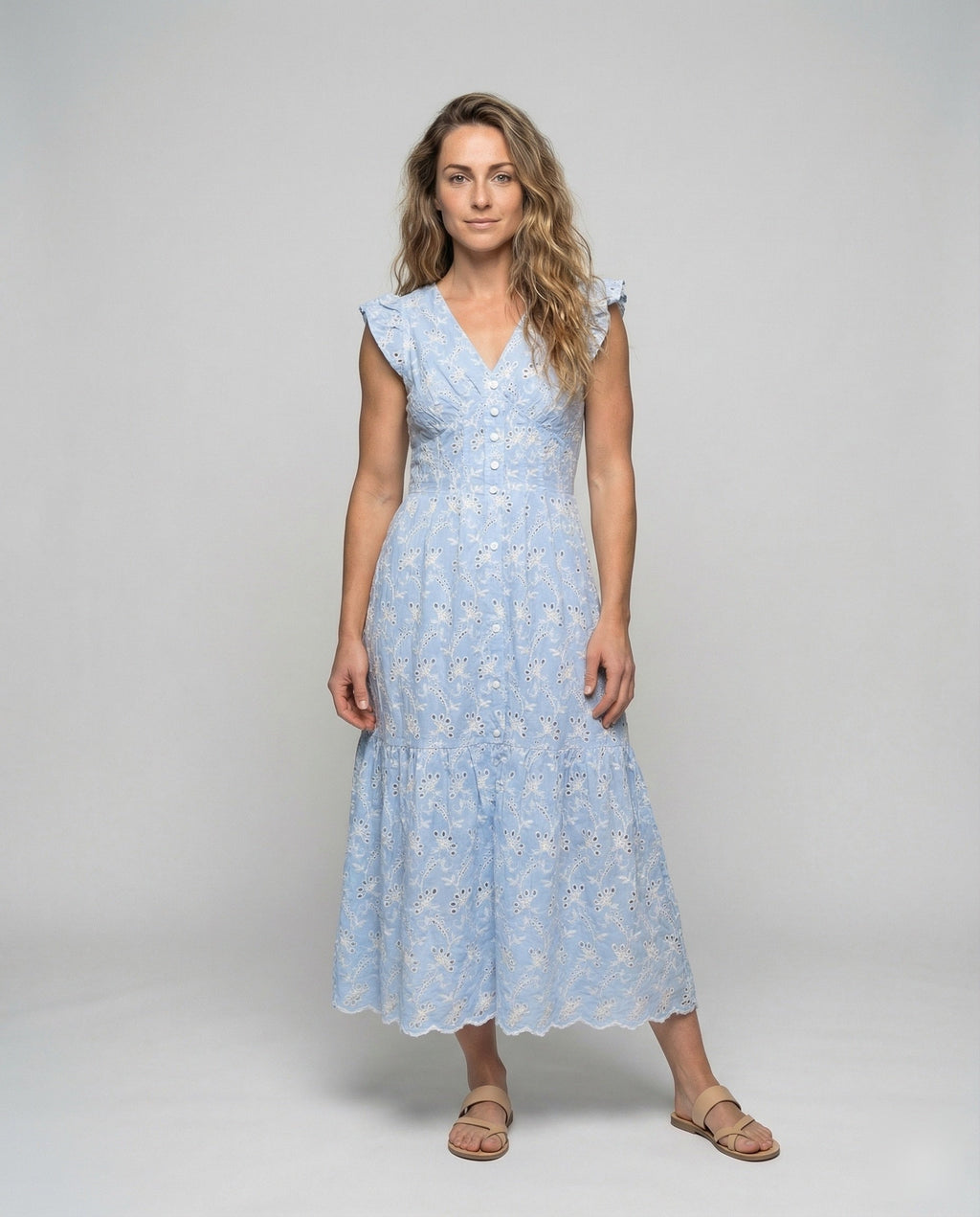 Women's Eyelet Embroidery Maxi Dress with Ruffle Skirt - Front View