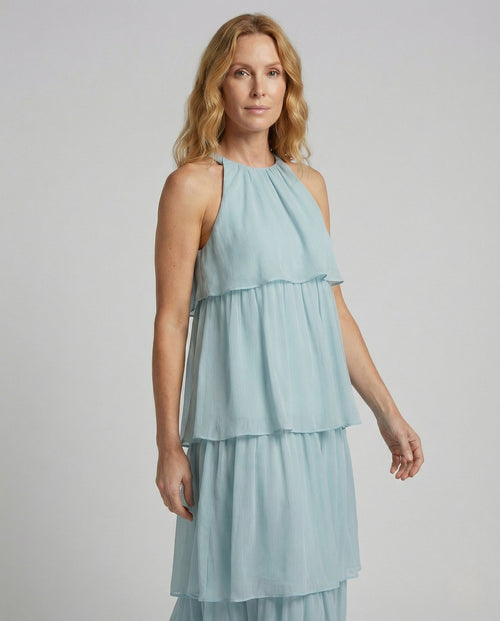 Women's Airy Chiffon Maxi Dress with Ruffles - Upper Body View