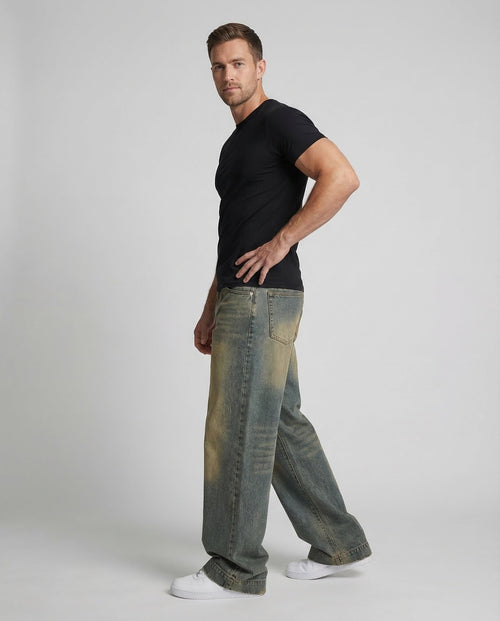 Unisex Denim Pants Extra Wide with Used Wash - Front View