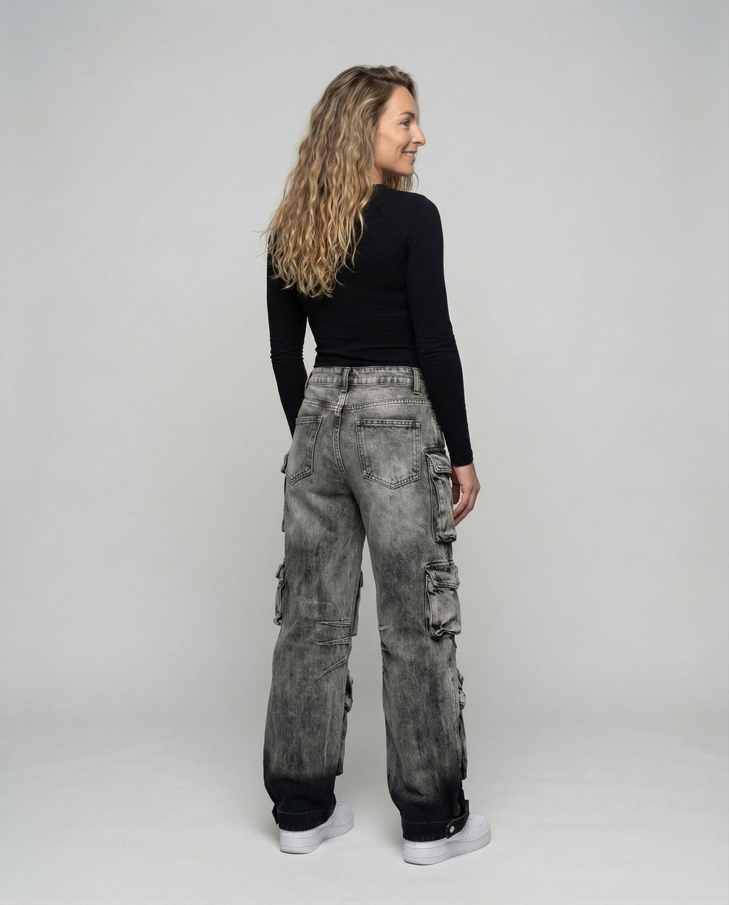Women's Utility Denim Pants Adjustable Leg Straps - Back View