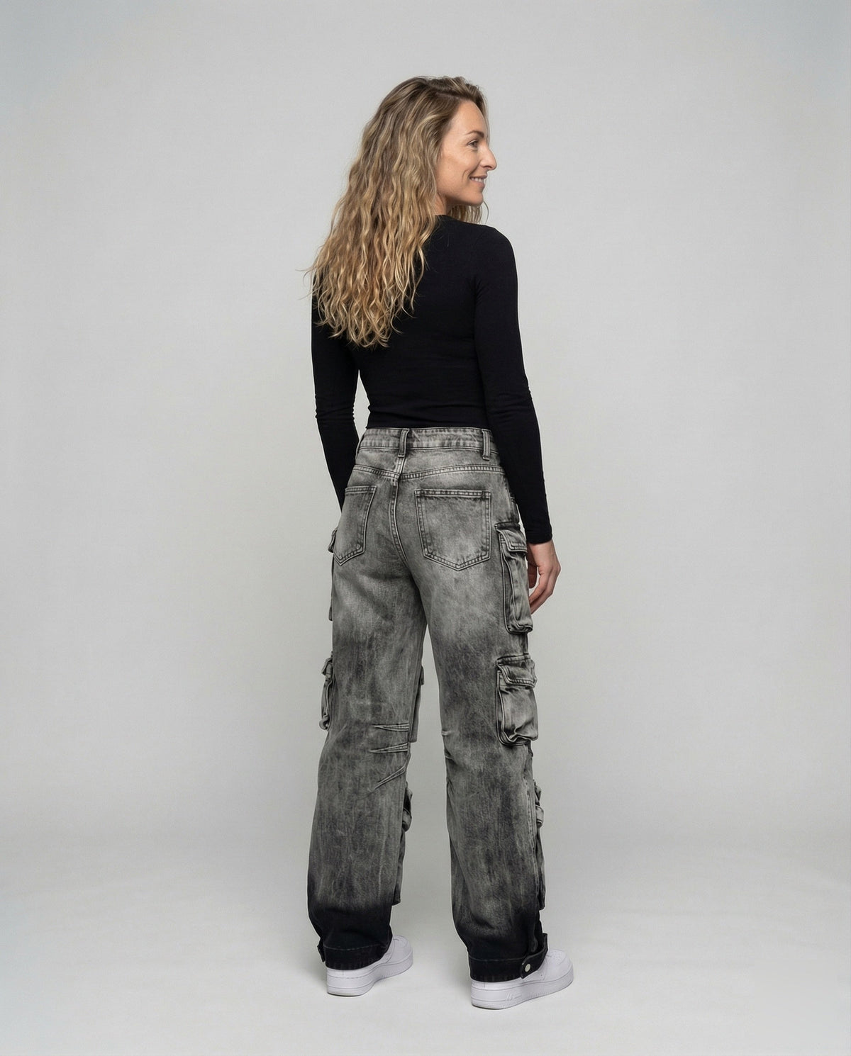 Women's Utility Denim Pants Adjustable Leg Straps - Back View