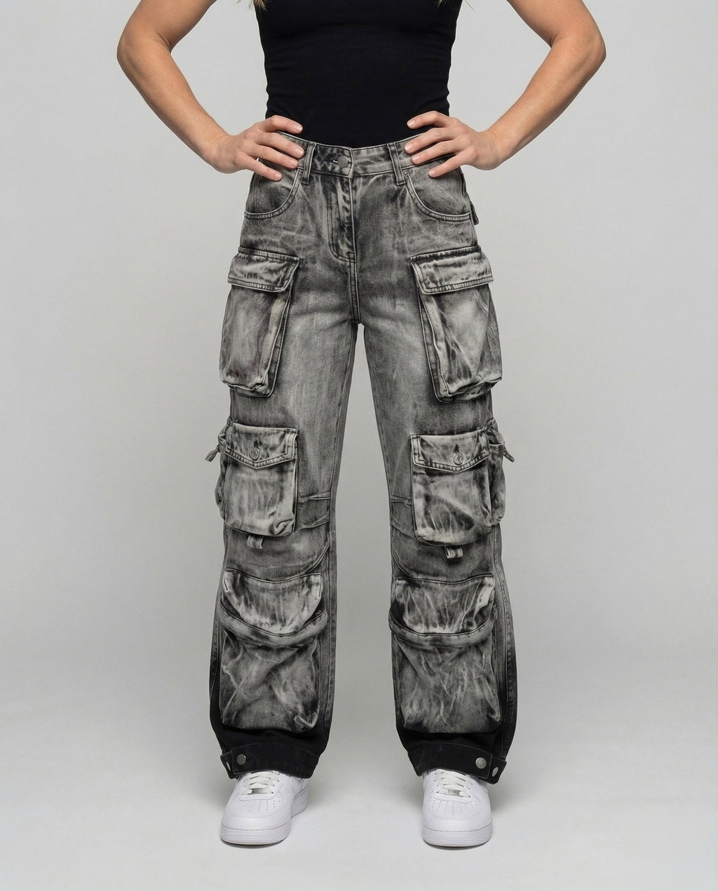 Women's Utility Denim Pants Adjustable Leg Straps - Lower Body View