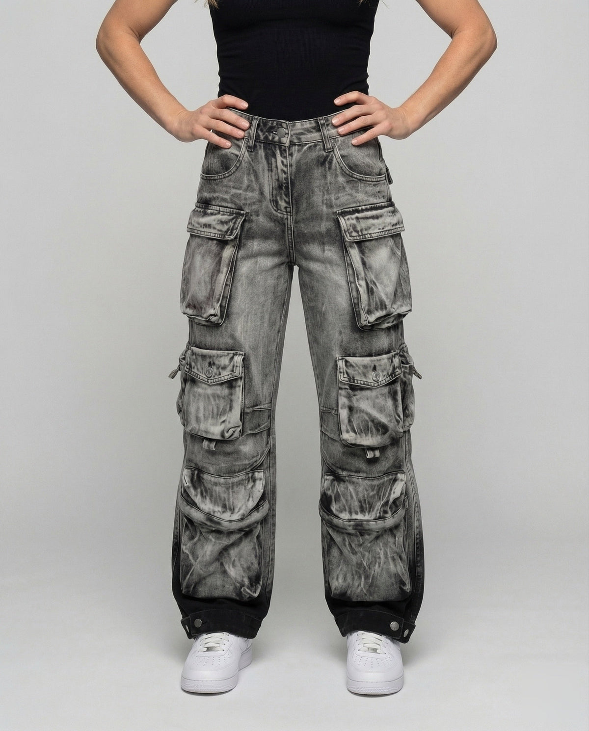 Women's Utility Denim Pants Adjustable Leg Straps - Lower Body View