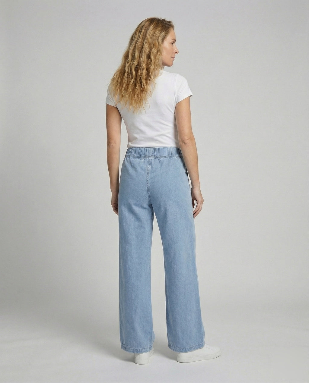 Women's Wide Denim Trousers in Palazzo Style - Back View