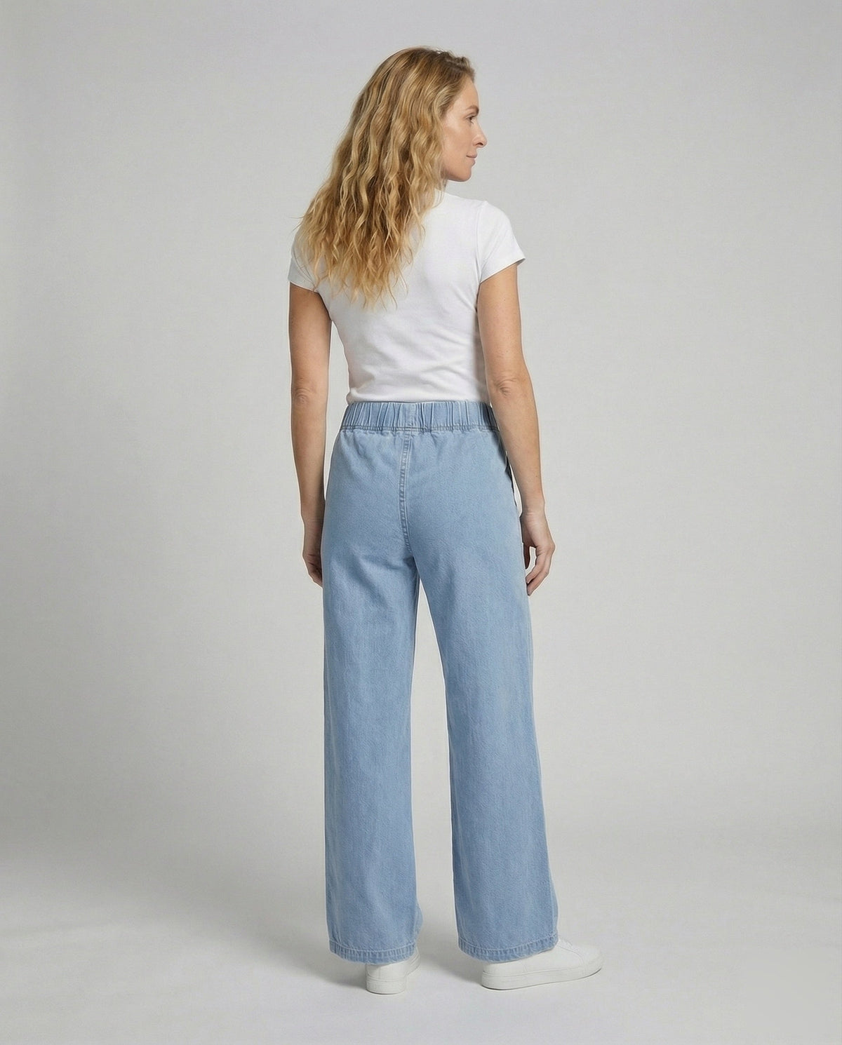 Women's Wide Denim Trousers in Palazzo Style - Back View