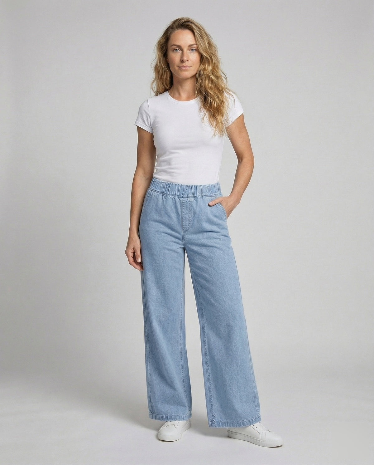Women's Wide Denim Trousers in Palazzo Style - Front View