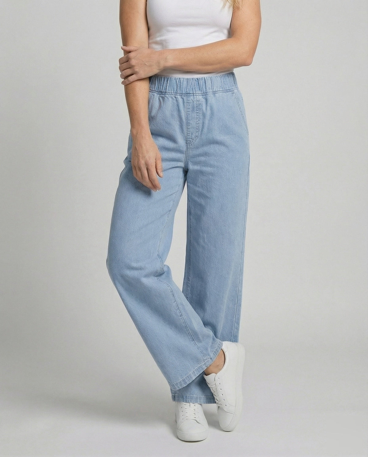 Women's Wide Denim Trousers in Palazzo Style - Lower Body View