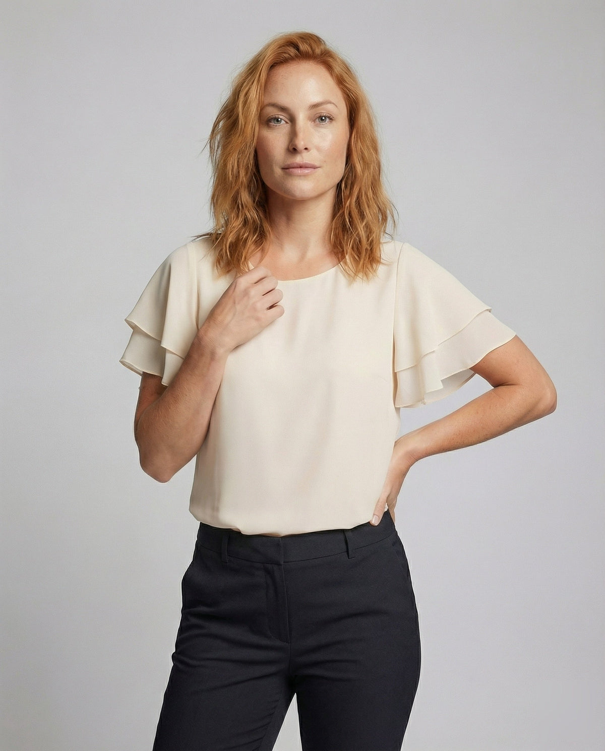 Women's Layered Ruffle Cropped Blouse Top - Upper Body View
