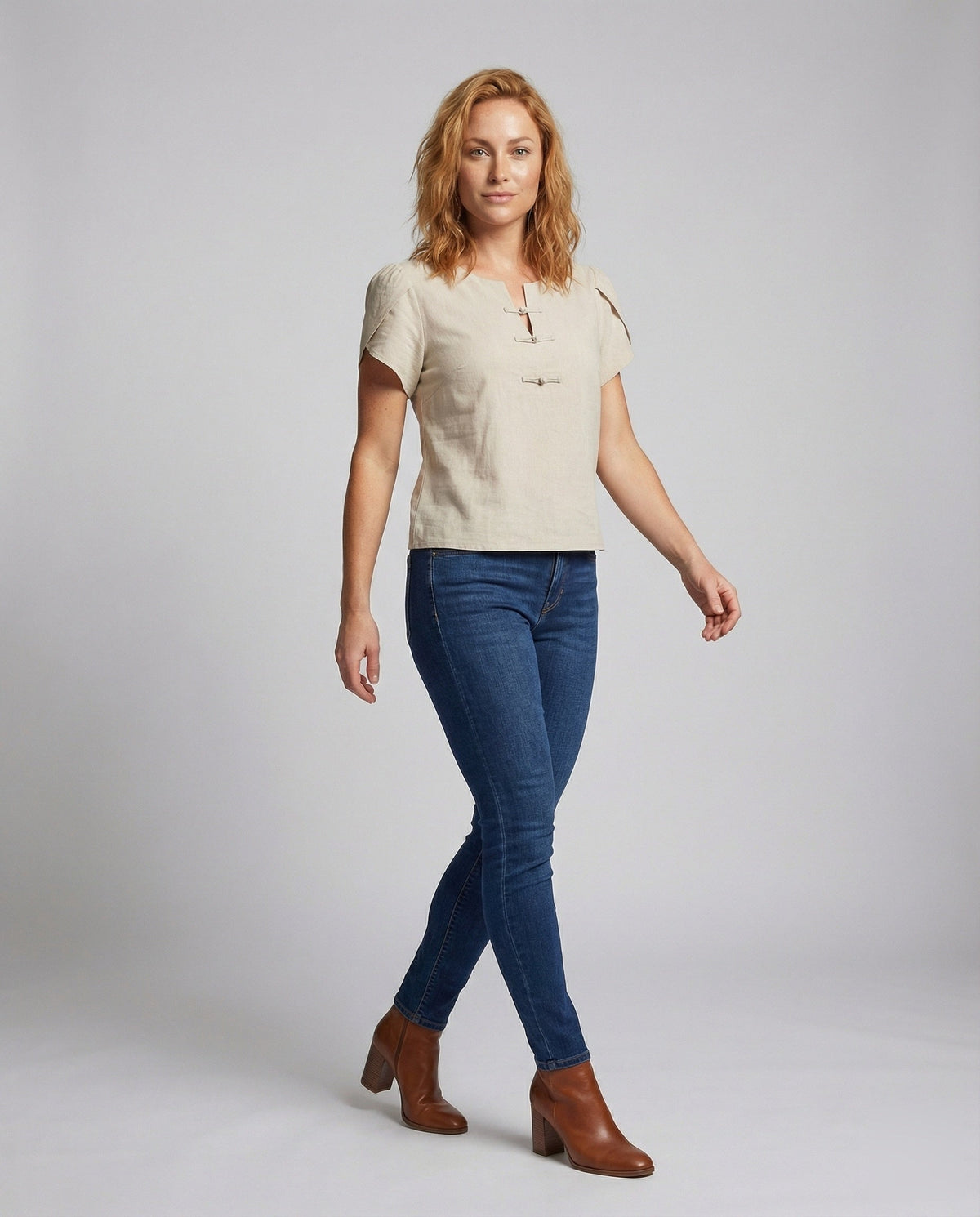 Women's Wing Sleeve Mandarin Collar Blouse Top - Front View