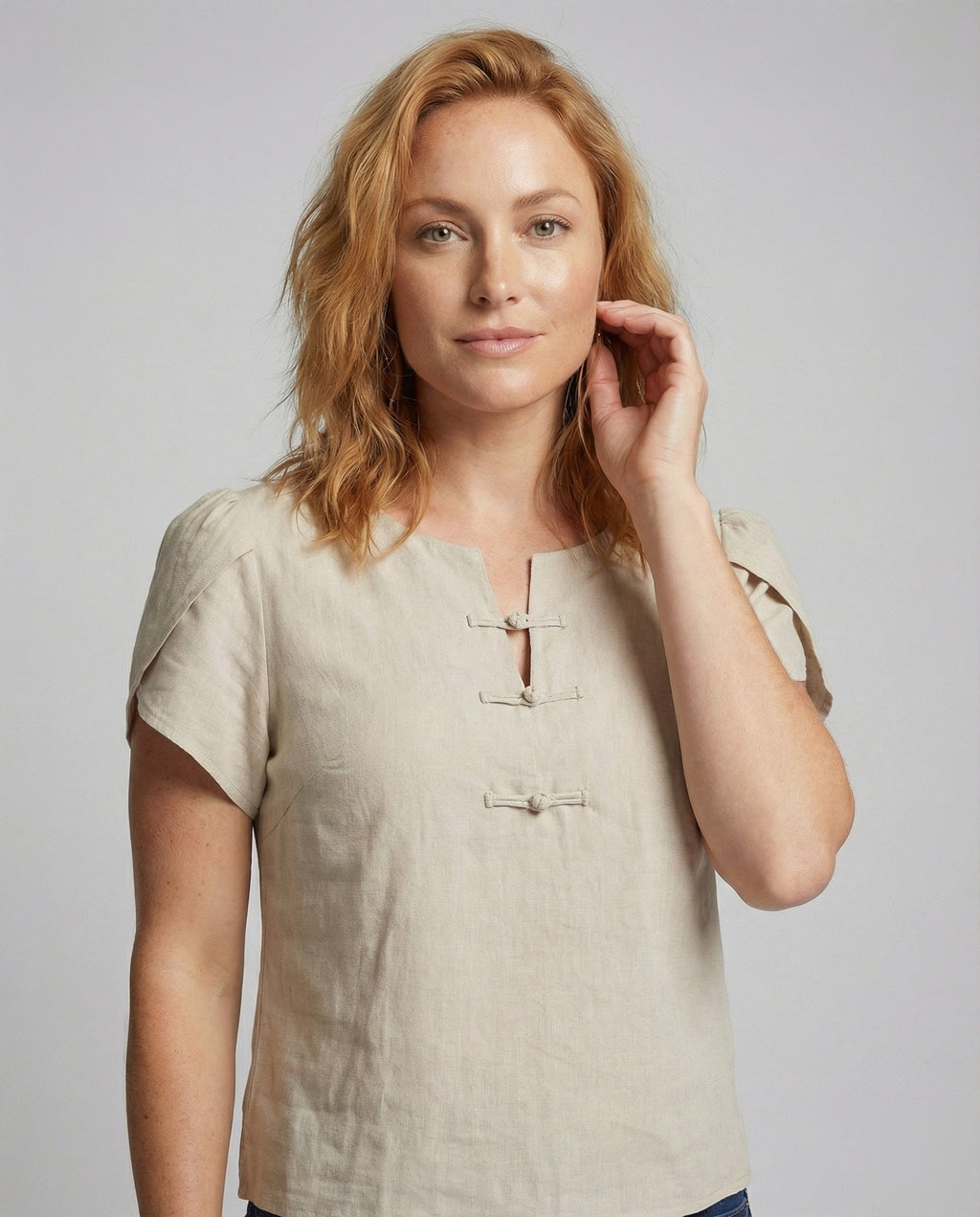 Women's Wing Sleeve Mandarin Collar Blouse Top - Upper Body View