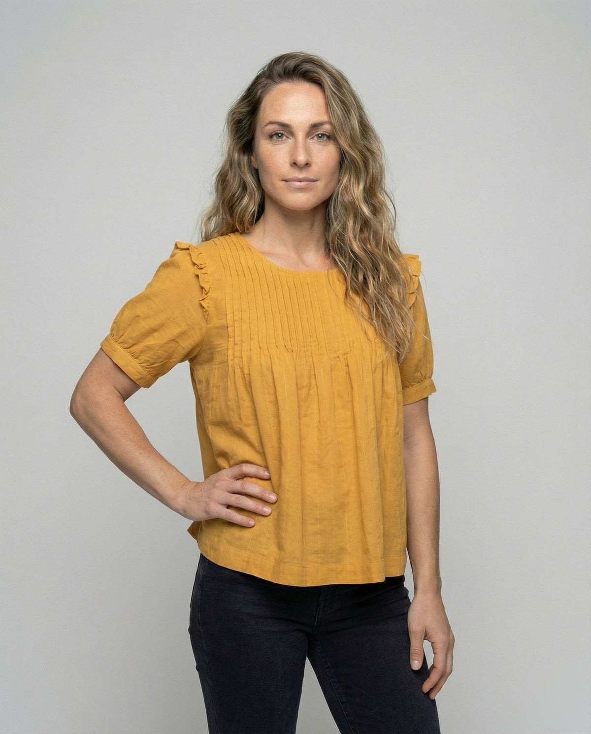 Women's Piped Ruffle Blouse Tunic - Upper Body View