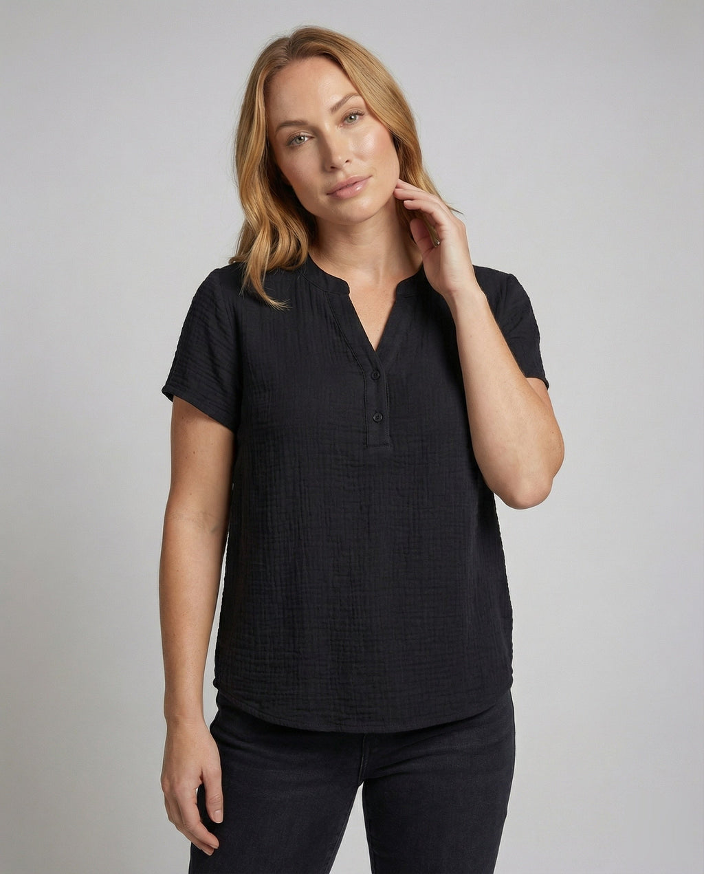 Women's Muslin Short Button Blouse Shirt - Upper Body View