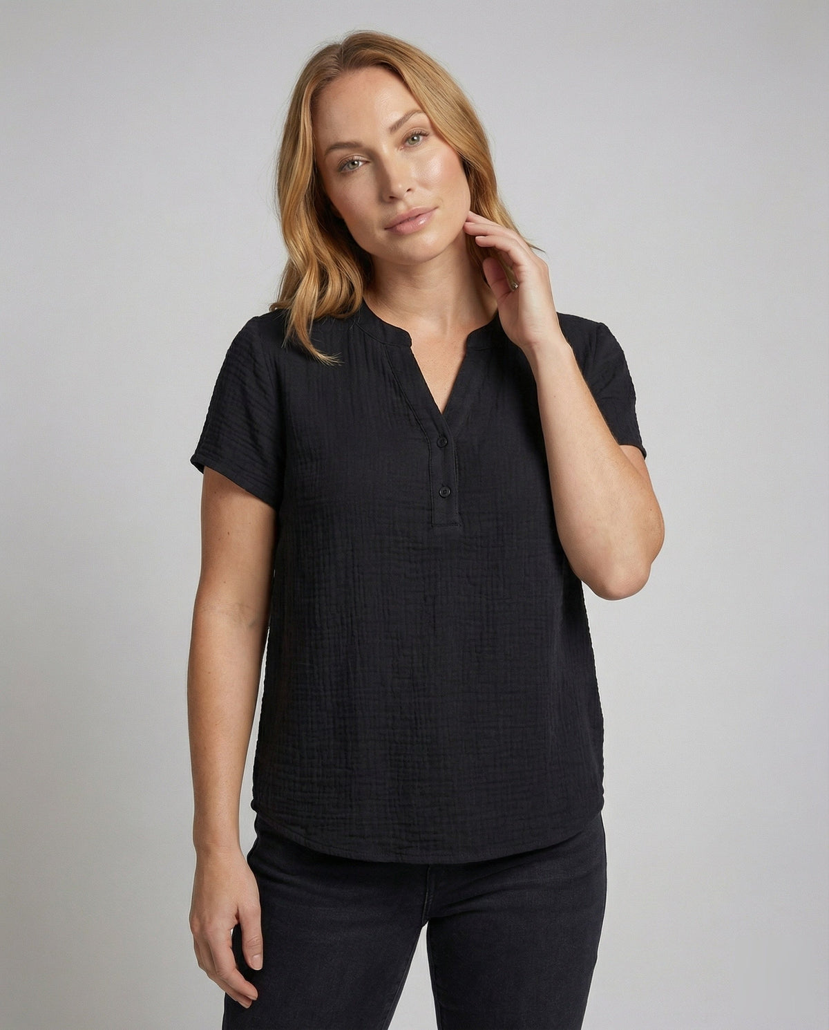 Women's Muslin Short Button Blouse Shirt - Upper Body View