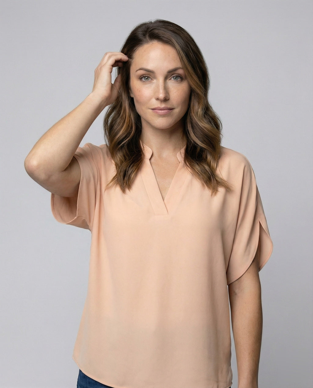 Women's Mandarin Collar Slit Blouse Top - Upper Body View