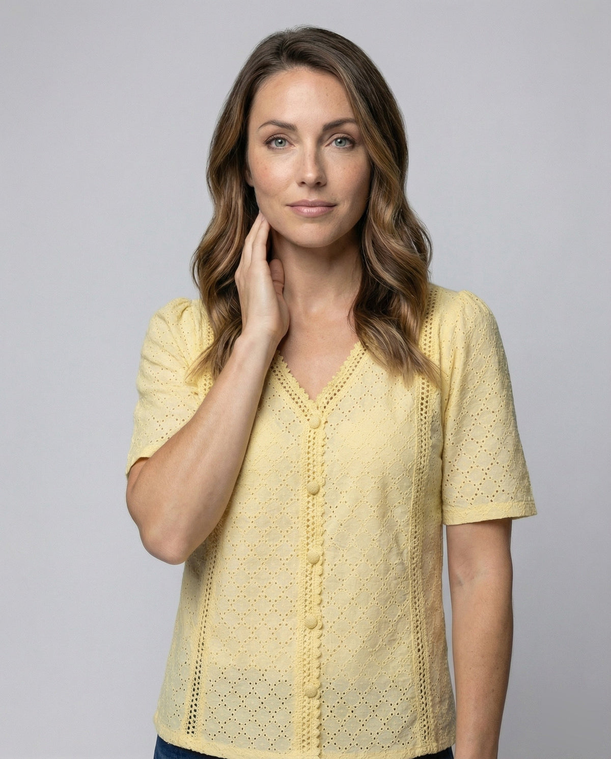 Women's Eyelet Pattern A-Line Blouse Top - Upper Body View