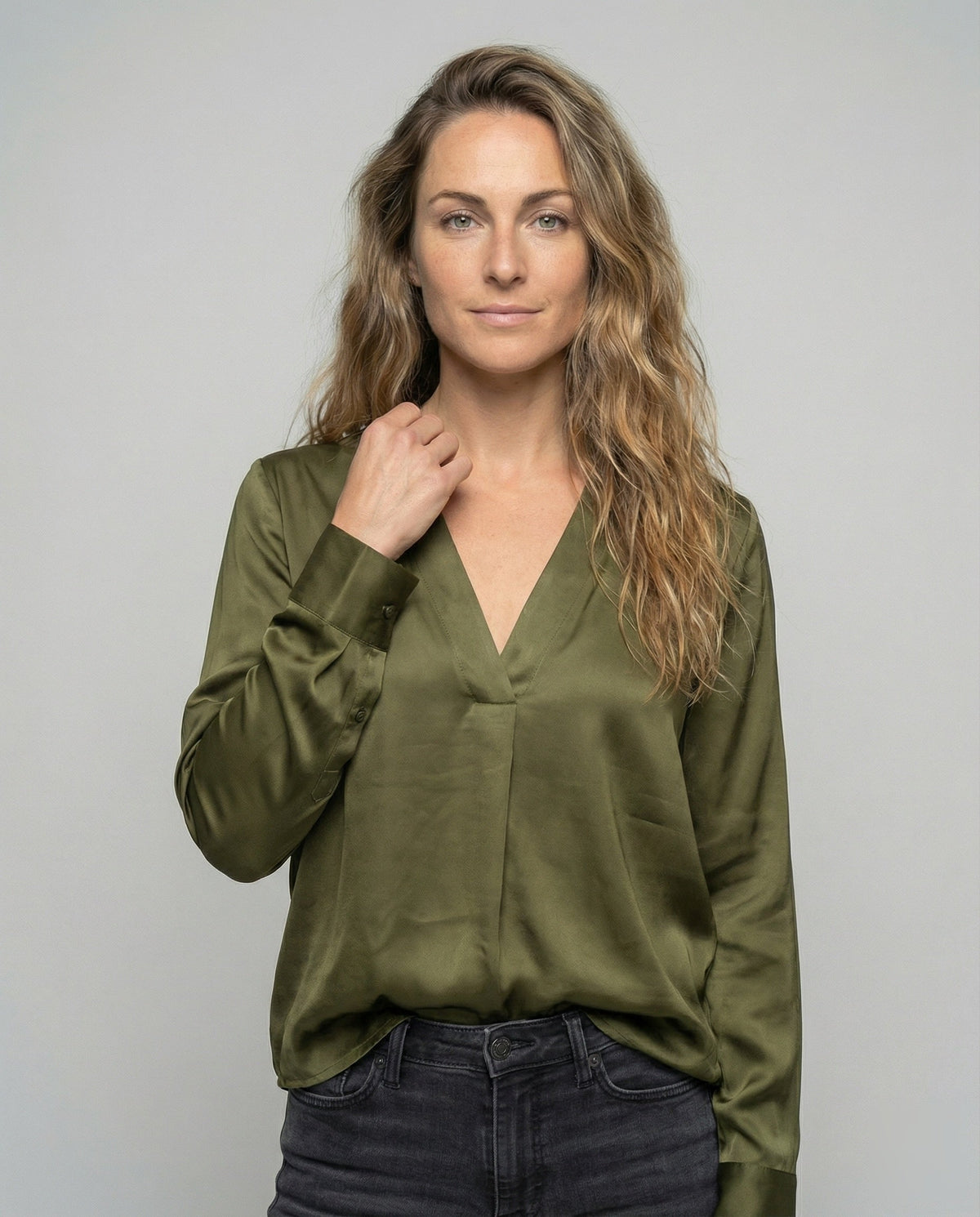 Women's Semi-Sheer Flowing Blouse Tunic with Deep V-Neckline - Upper Body View