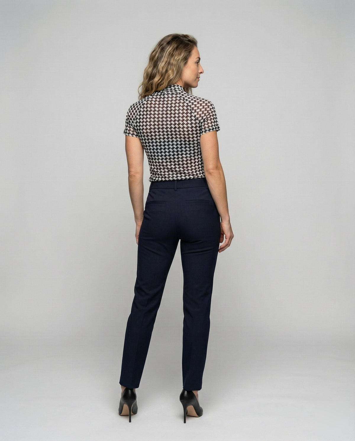 Women's Slim-Fit Short-Sleeve Blouse Top with Houndstooth - Back View