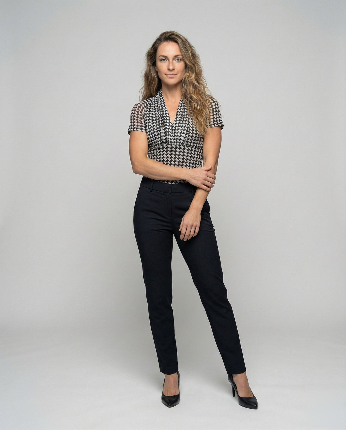 Women's Slim-Fit Short-Sleeve Blouse Top with Houndstooth - Front View