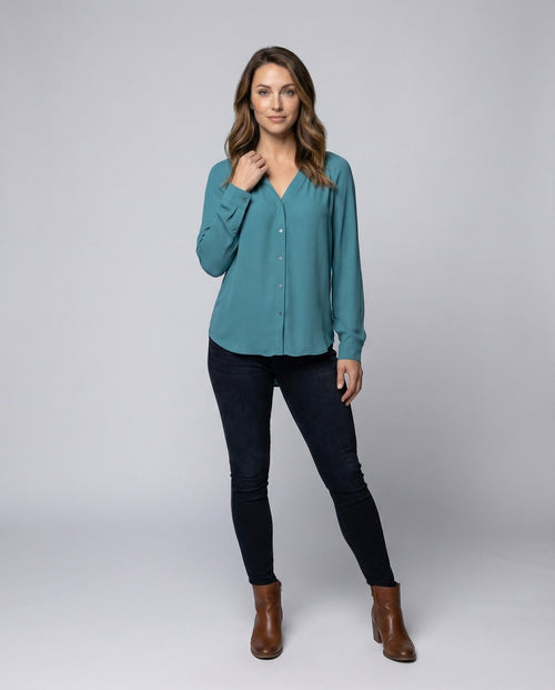 Women's Airy V-Neck Crepe Blouse Shirt - Front View