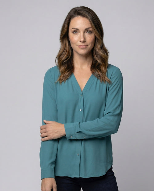 Women's Airy V-Neck Crepe Blouse Shirt - Upper Body View