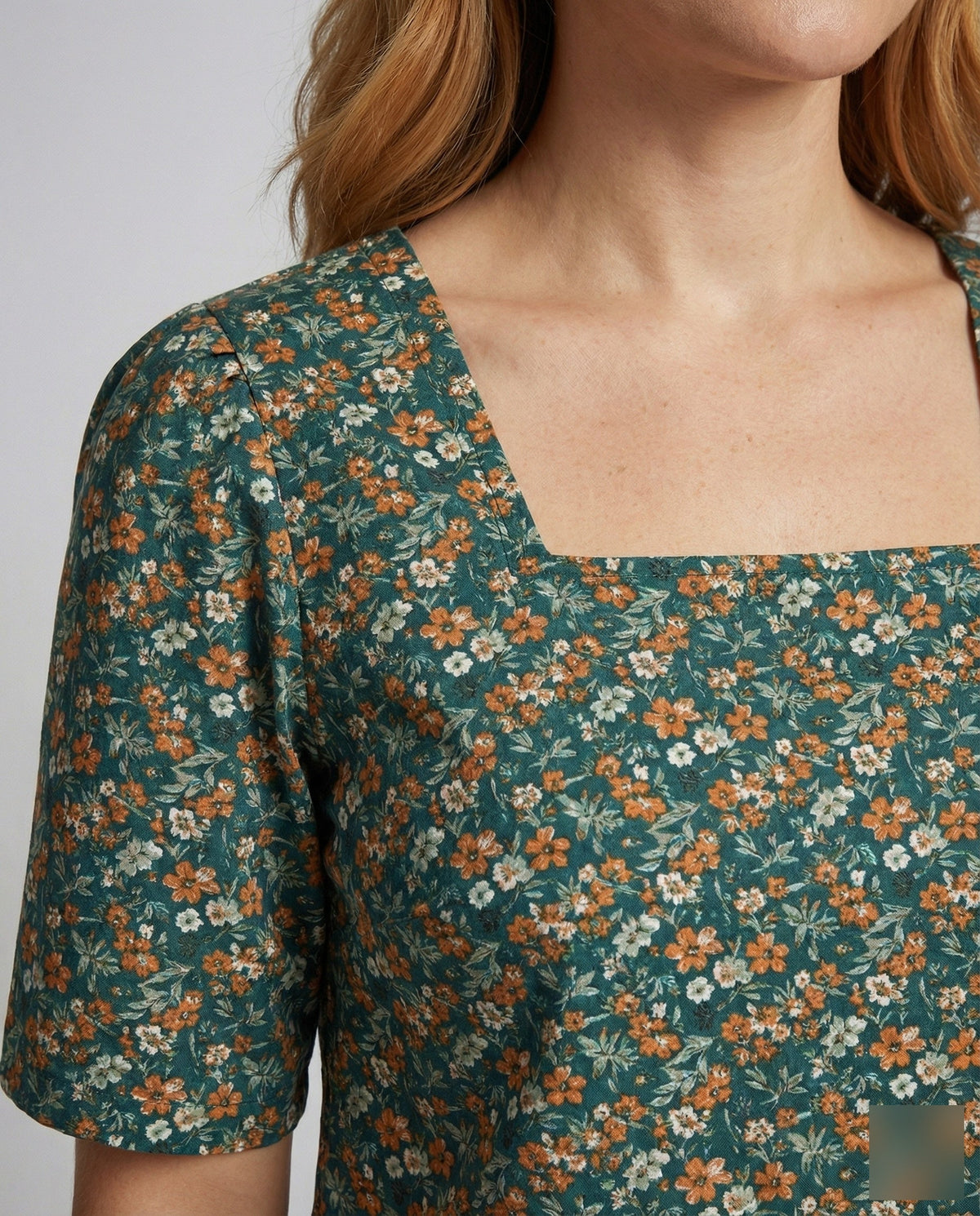Women's Boxy Short Sleeve Mixed Material Girl Blouse Top - Close-Up Detail