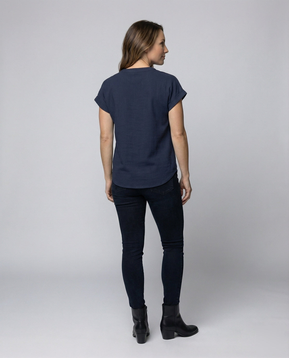 Women's Loose V-Neck Mixed Fabric Girl Blouse Shirt - Back View