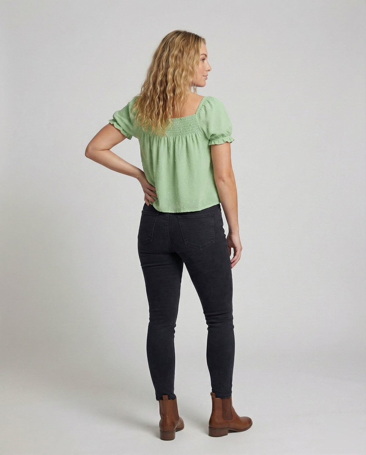 Women's Lightweight Square Neck Mixed Fabric Girl Smock Blouse Top - Back View