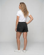 Women's Denim Shorts Drawstring Cargo Pockets Ruffled Hem - Back View