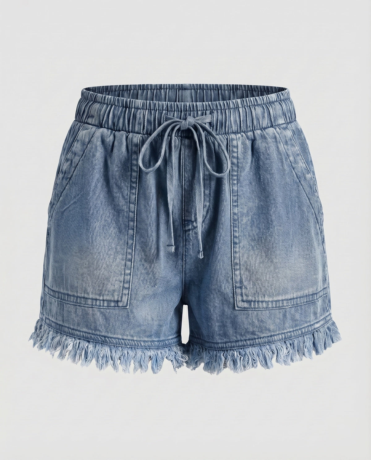Women's Denim Shorts Drawstring Cargo Pockets Ruffled Hem