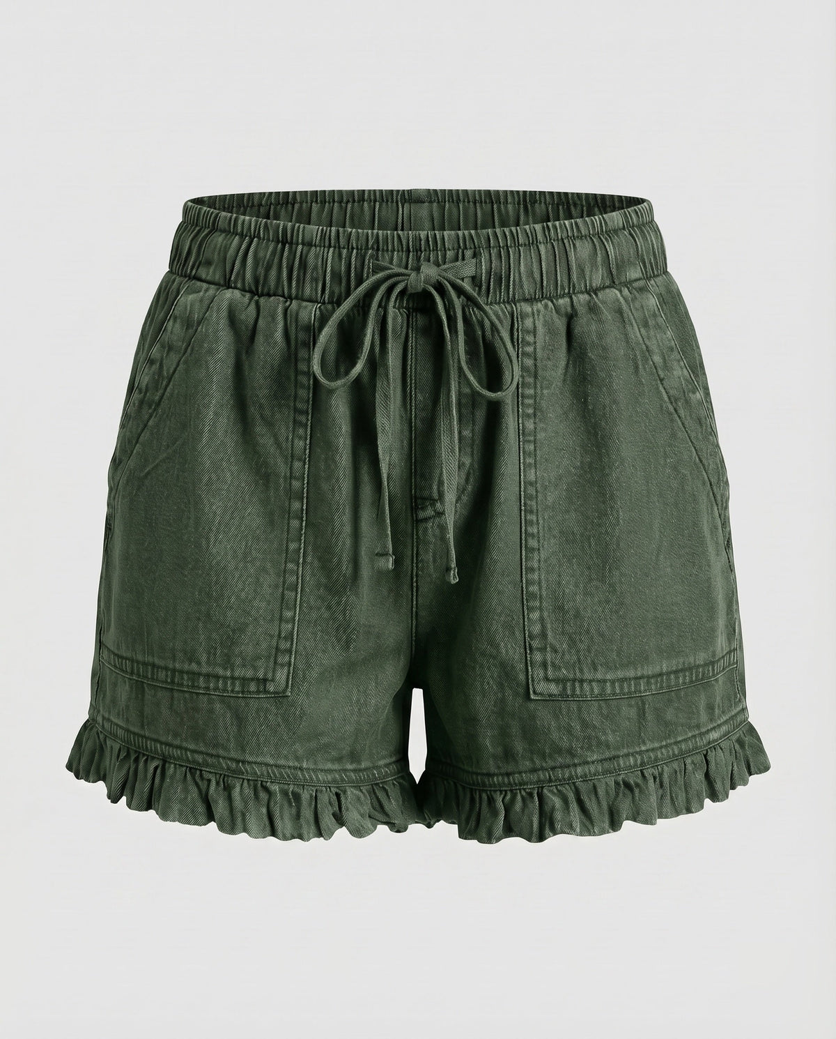 Women's Denim Shorts Drawstring Cargo Pockets Ruffled Hem