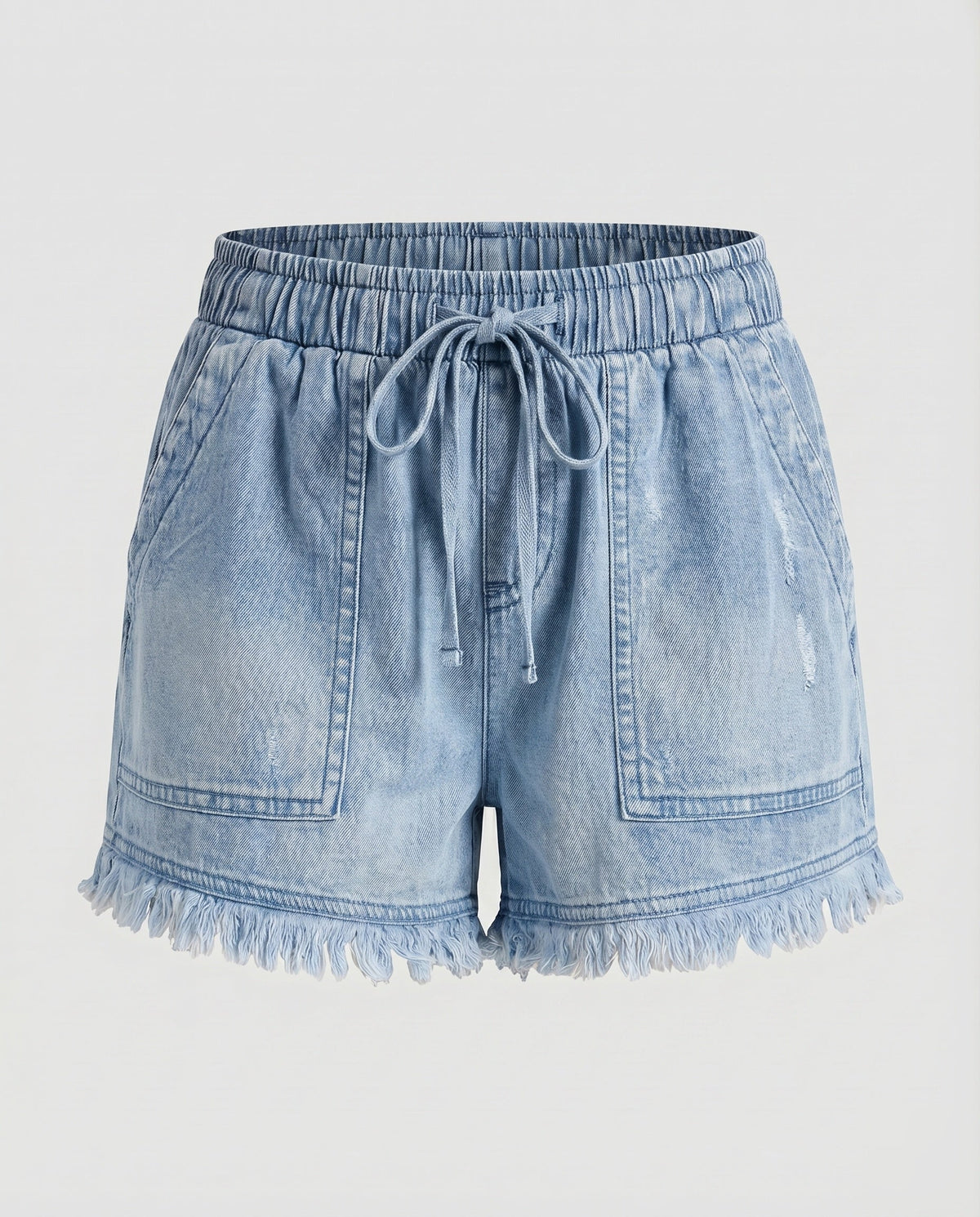 Women's Denim Shorts Drawstring Cargo Pockets Ruffled Hem