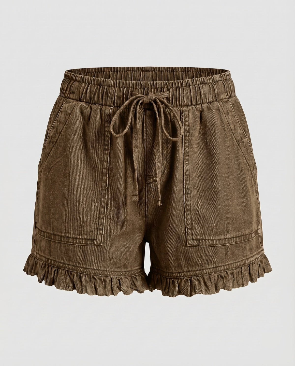 Women's Denim Shorts Drawstring Cargo Pockets Ruffled Hem