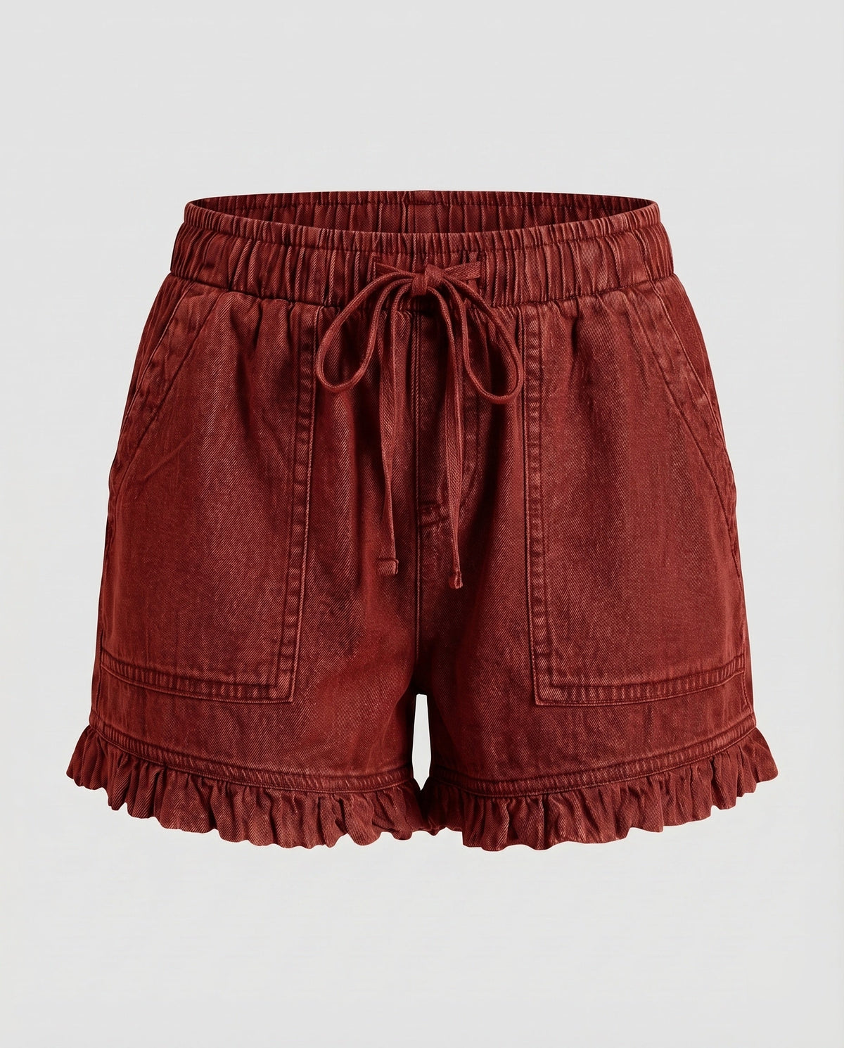 Women's Denim Shorts Drawstring Cargo Pockets Ruffled Hem