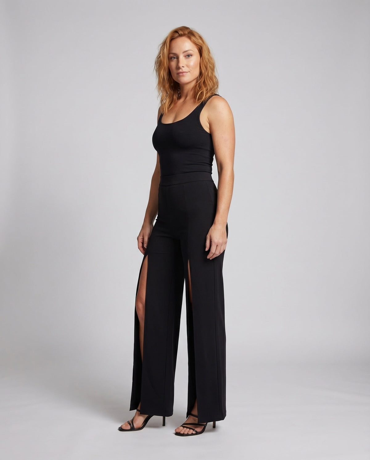 Women's Palazzo Pants Leg Slits Elastic Waist High-Waist - Front View