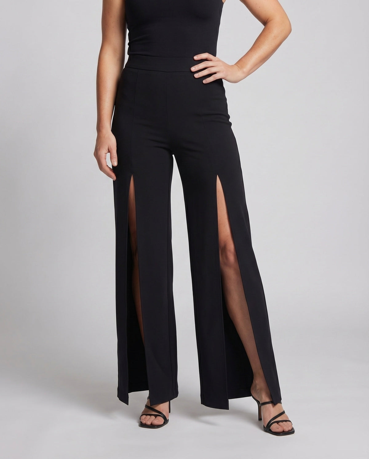 Women's Palazzo Pants Leg Slits Elastic Waist High-Waist - Lower Body View