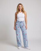 Women's Jeans Pants Daisy Embroidery Straight Leg High Waist - Front View