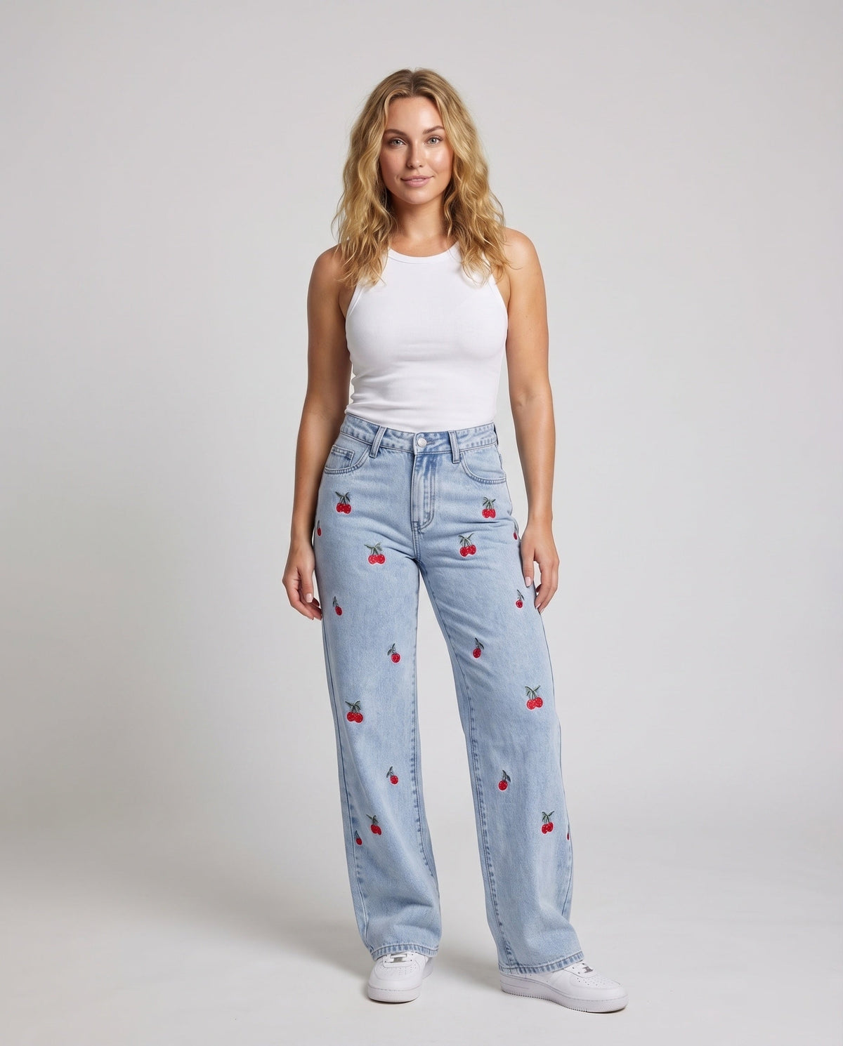 Women's Jeans Pants Daisy Embroidery Straight Leg High Waist - Front View