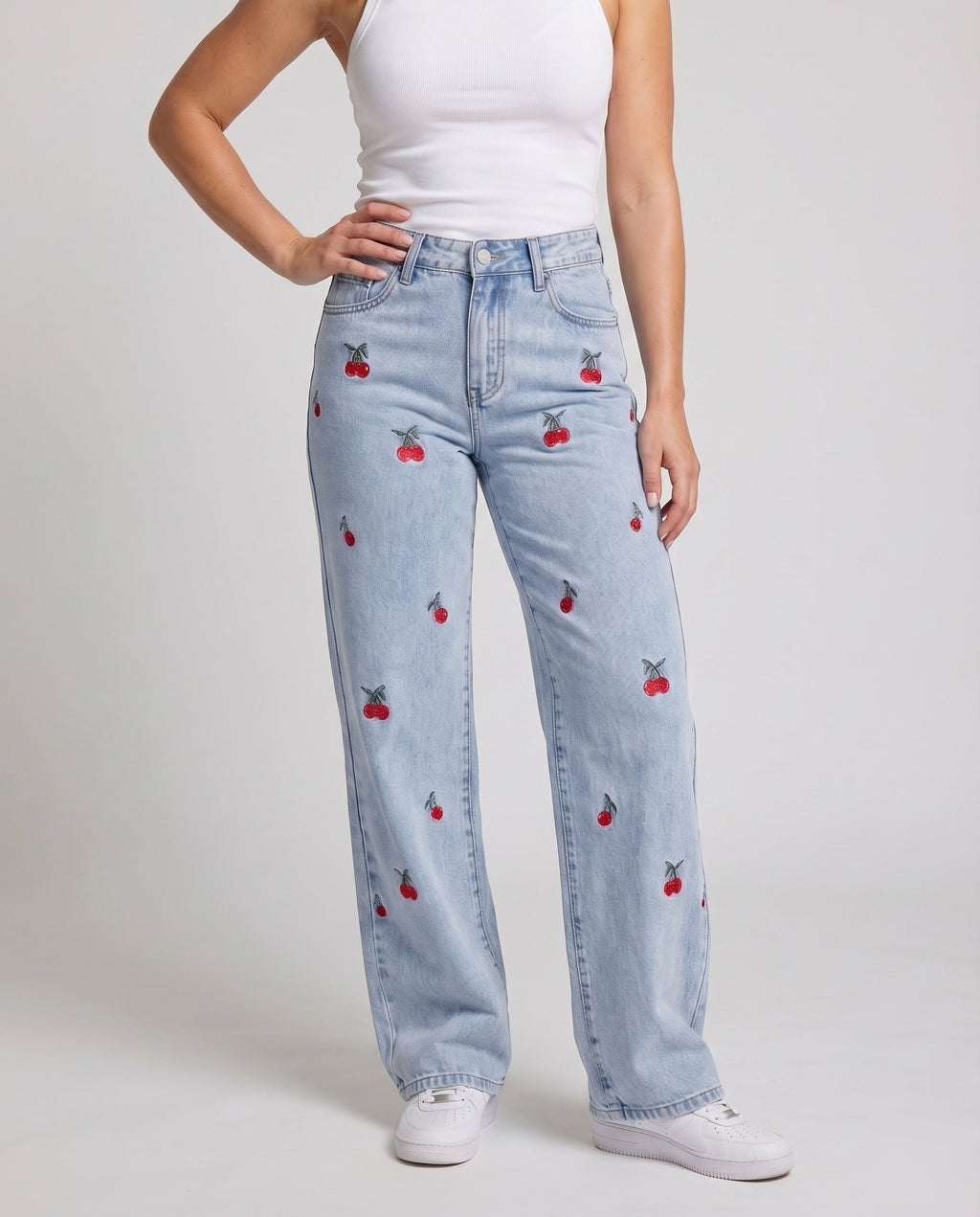 Women's Jeans Pants Daisy Embroidery Straight Leg High Waist - Lower Body View