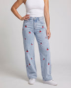 Women's Jeans Pants Daisy Embroidery Straight Leg High Waist - Lower Body View