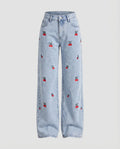 Women's Jeans Pants Daisy Embroidery Straight Leg High Waist