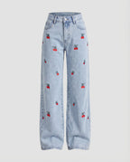 Women's Jeans Pants Daisy Embroidery Straight Leg High Waist