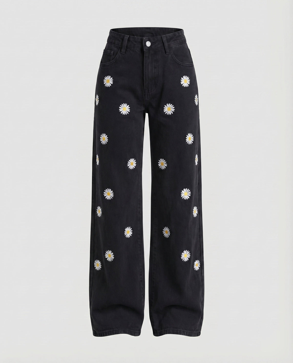 Women's Jeans Pants Daisy Embroidery Straight Leg High Waist