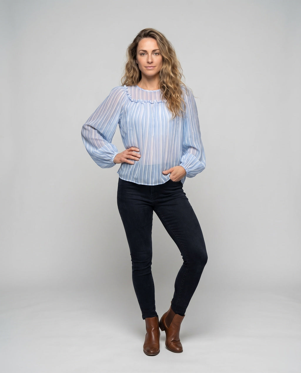 Women's Chiffon Blouse Gathered Round Neck Puff Sleeves Transparent - Front View