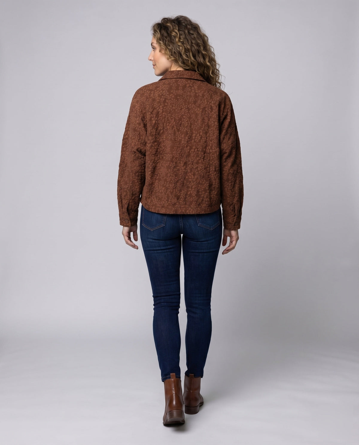 Women's Quilted Short Jacket Floral Jacquard Blouse Style - Back View