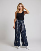 Women's Cotton-Linen Pants Floral Print Tie Belt Loose - Front View