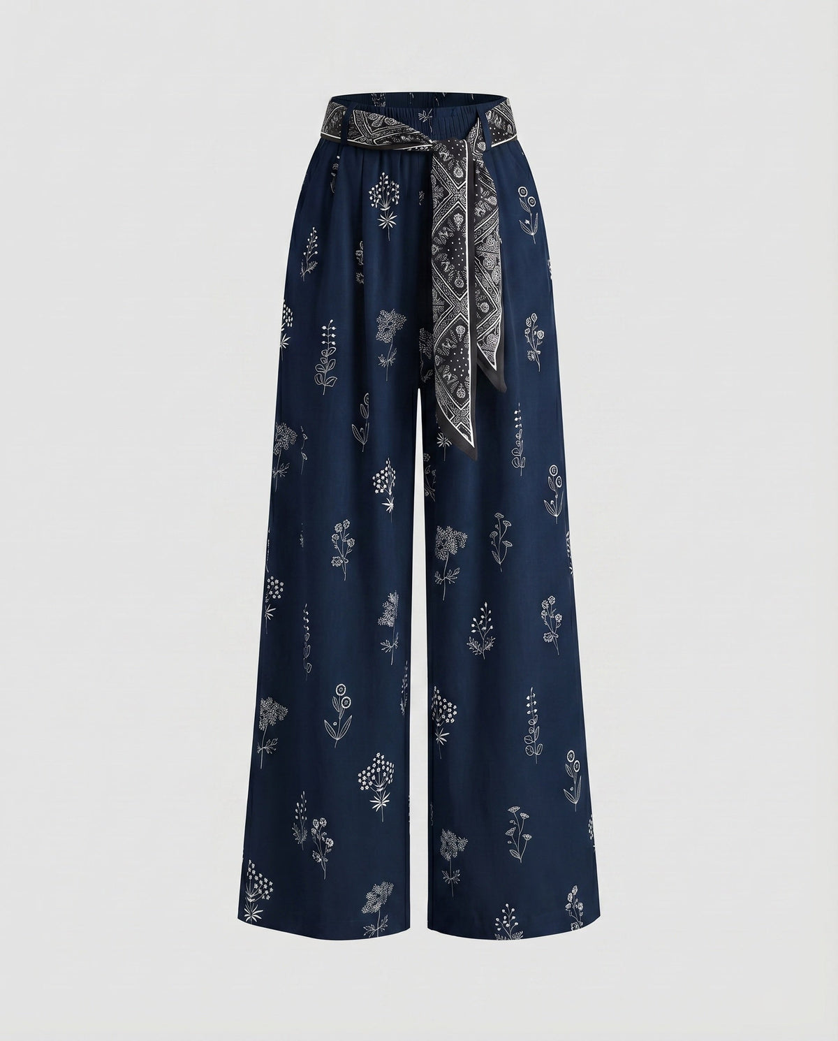 Women's Cotton-Linen Pants Floral Print Tie Belt Loose