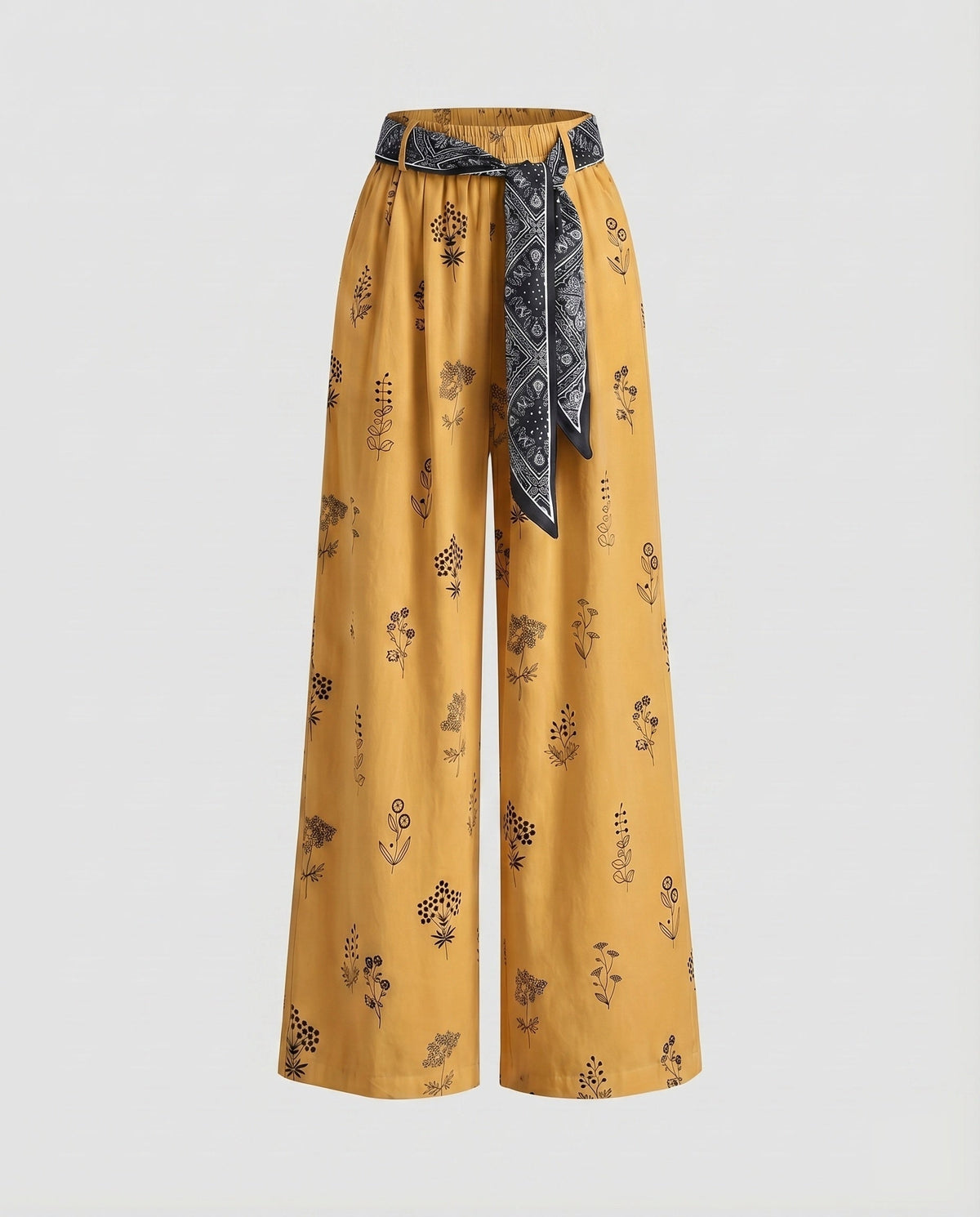 Women's Cotton-Linen Pants Floral Print Tie Belt Loose