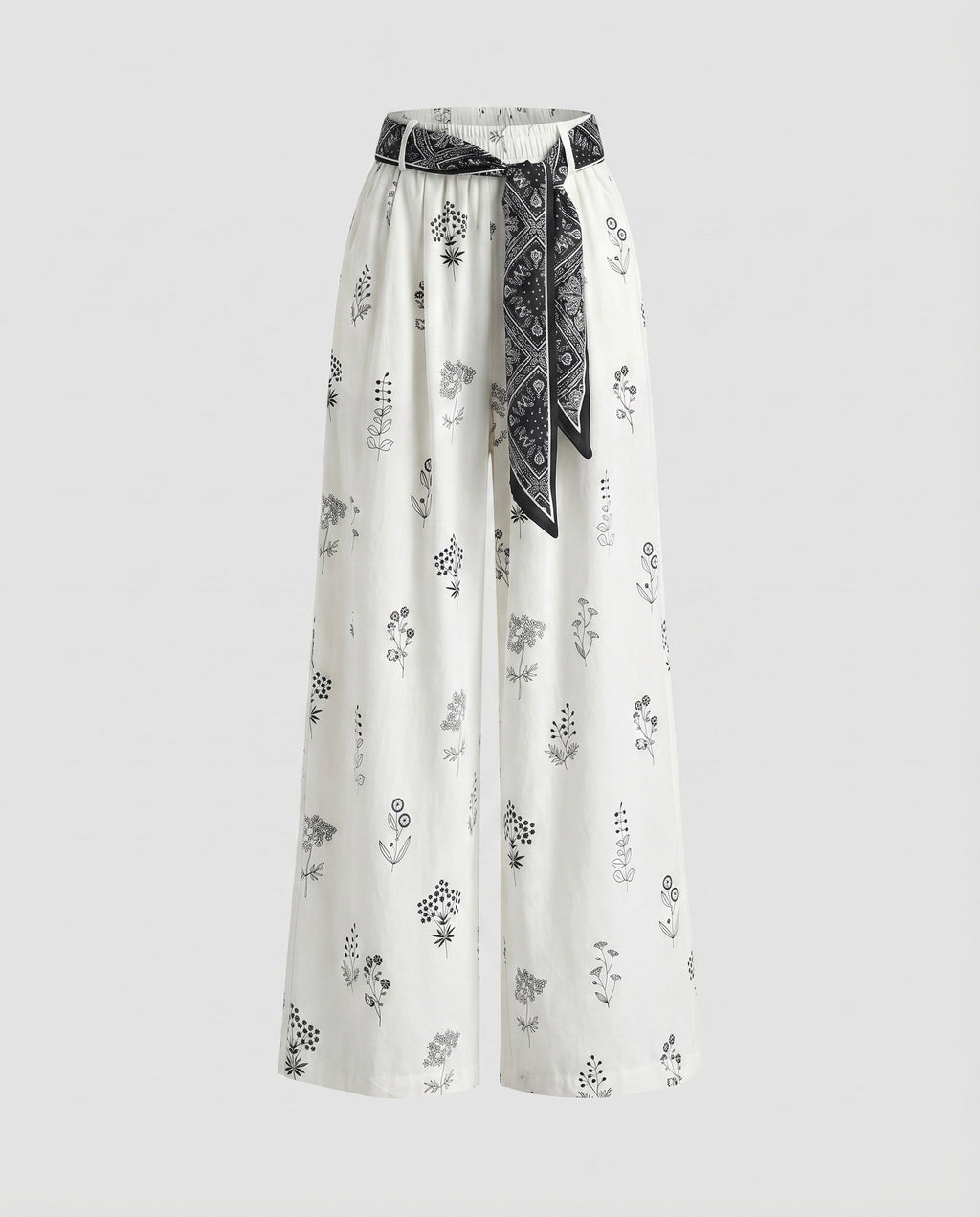 Women's Cotton-Linen Pants Floral Print Tie Belt Loose