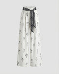 Women's Cotton-Linen Pants Floral Print Tie Belt Loose